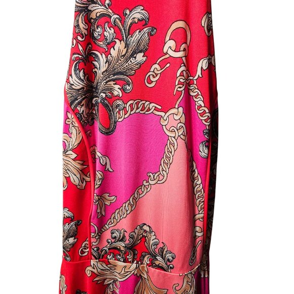 Red & Pink Halter Maxi Dress With Ornate Chain & Floral Print - Picture 3 of 7